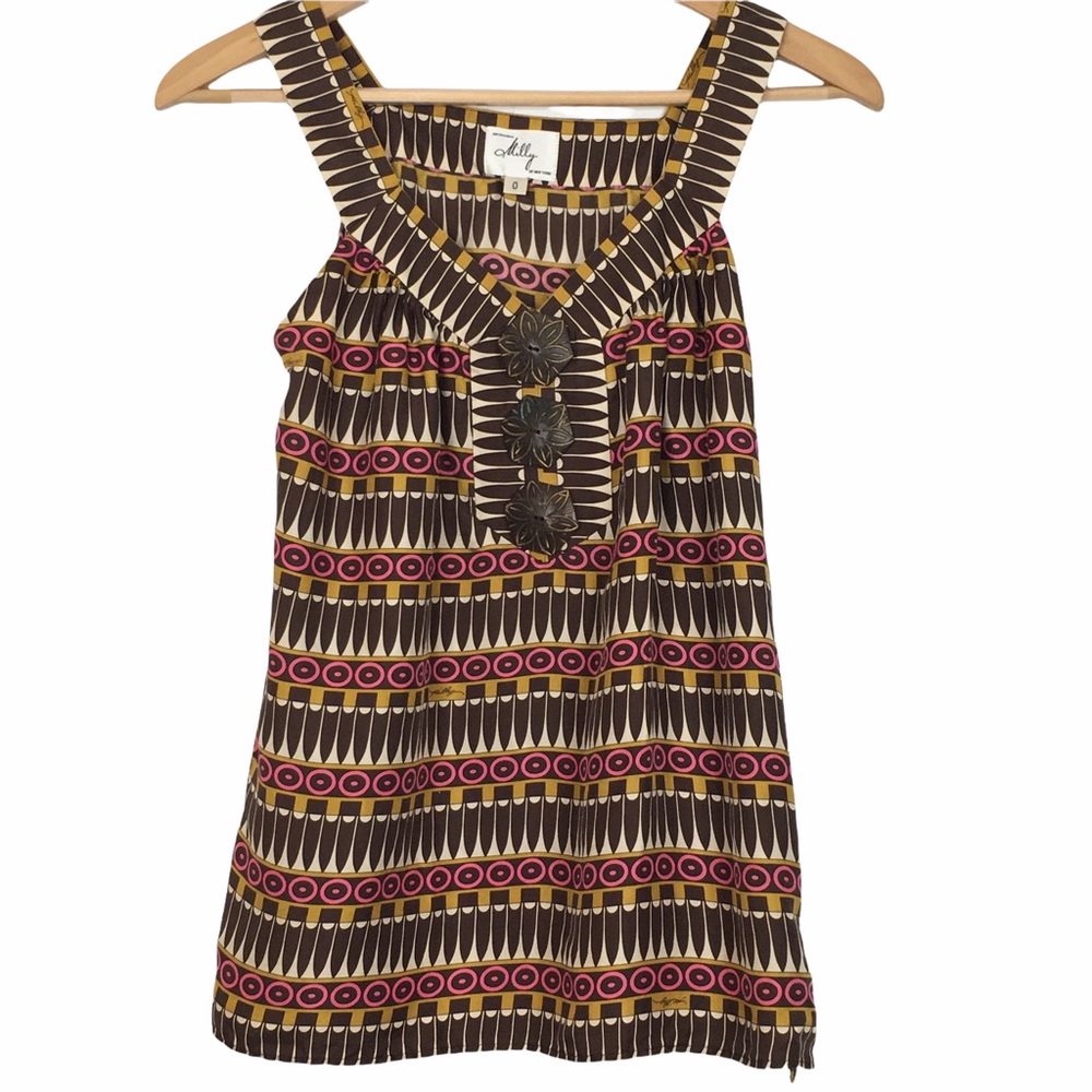 Milly Silk Printed Sleeveless V-Neck Wood Button  Blouse